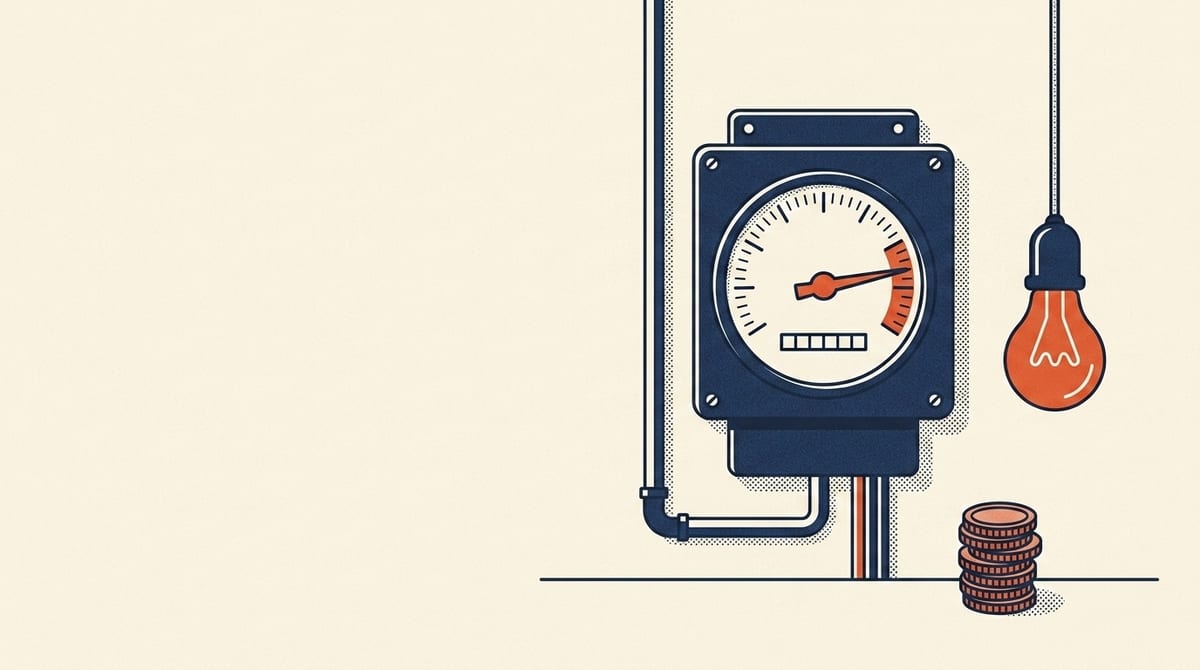 Editorial illustration of an industrial energy meter with its vermilion needle swung high, beside a pendant lightbulb and a stack of coins