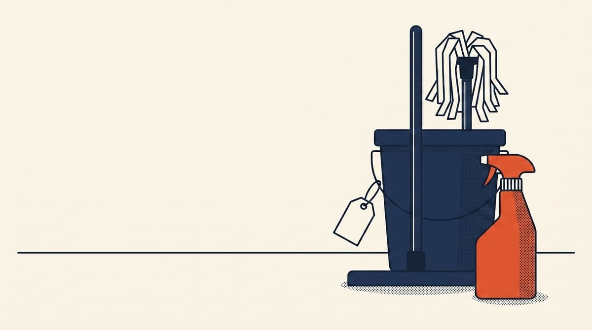 Editorial illustration of a navy cleaning bucket with a mop, a vermilion trigger spray bottle and a blank hanging price tag