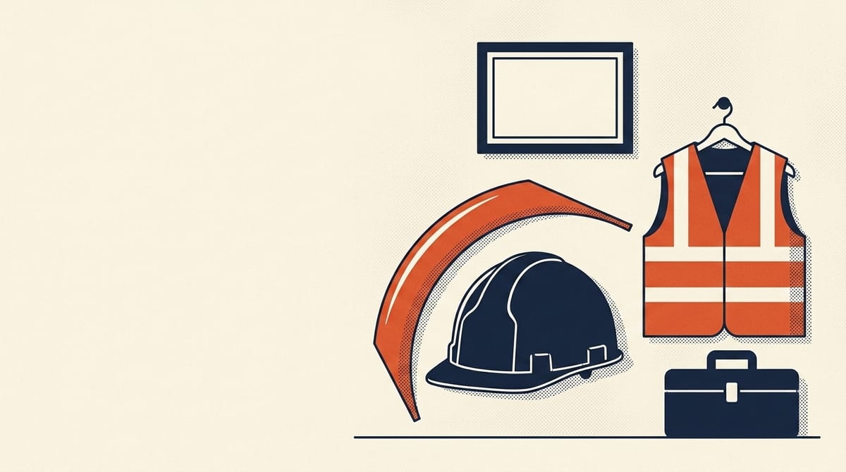 Editorial illustration of a navy safety hard hat under a vermilion protective shield, with a high-visibility vest, a toolbox and a blank framed certificate on the wall