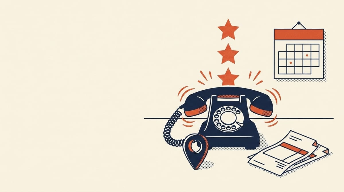 Editorial illustration of a ringing telephone with review stars rising above it and a map pin at its base