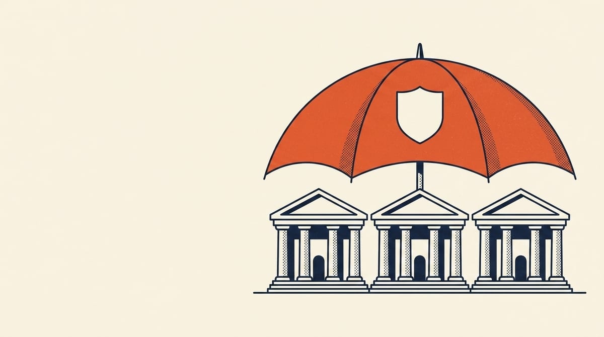 Editorial illustration of three small navy bank buildings sheltered under one large vermilion umbrella marked with a plain shield
