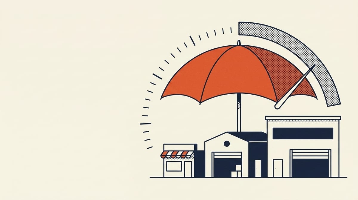 Editorial illustration of a large vermilion umbrella widening over a growing row of small shops and workshops, beside a gauge sweeping to a longer arc