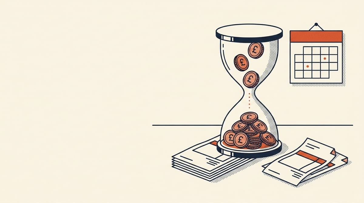 Editorial illustration of an hourglass standing on a stack of invoices, with pound coins collecting in the lower bulb