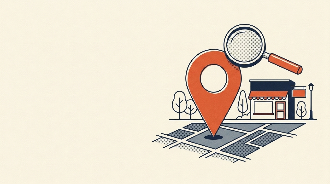Editorial illustration of a vermilion map location pin and a magnifying glass over a small local shopfront