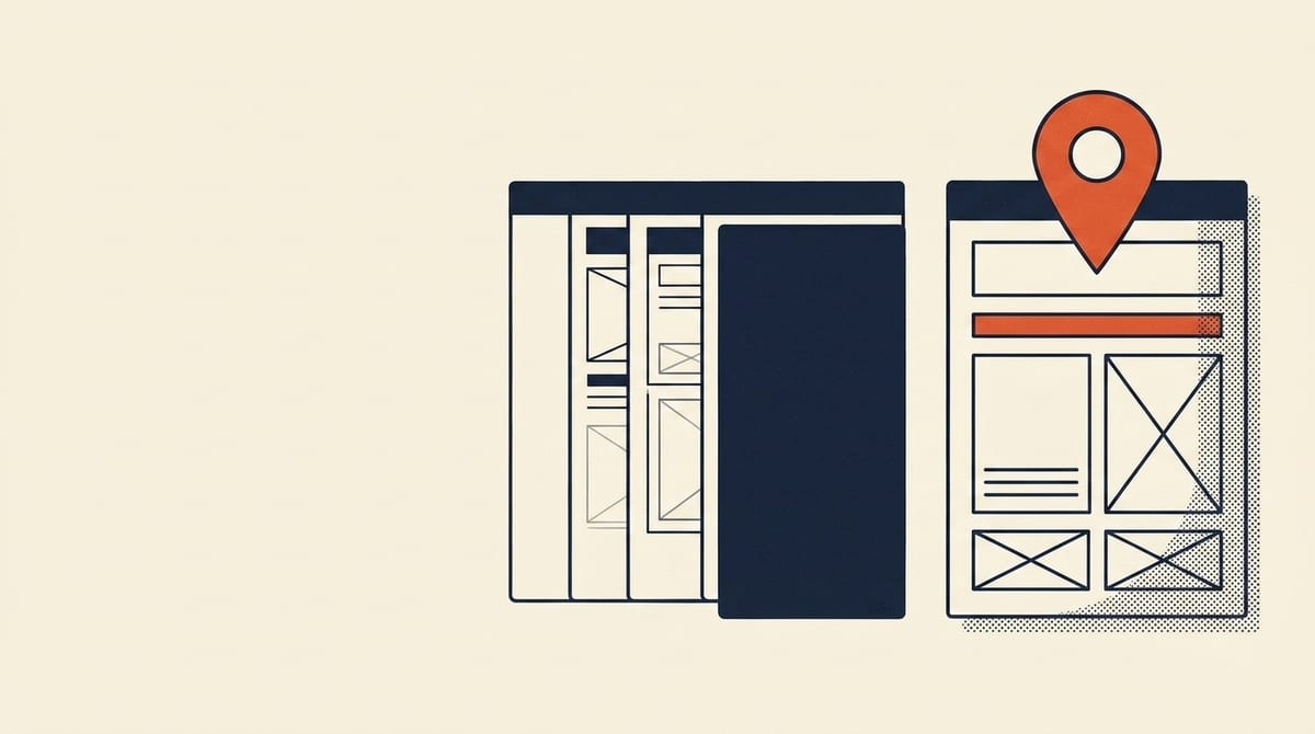 Editorial illustration of several thin, blank duplicate webpage cards beside one detailed page marked with a vermilion location pin