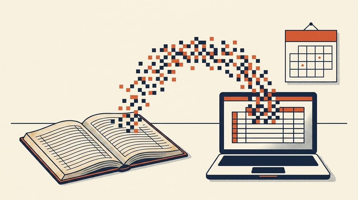 Editorial illustration of a paper ledger dissolving into pixels that flow onto a laptop screen