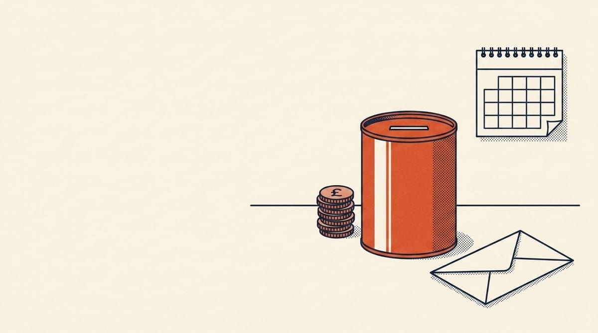 Editorial illustration of a vermilion money tin with a coin slot beside a stack of coins, a wall calendar and a sealed envelope