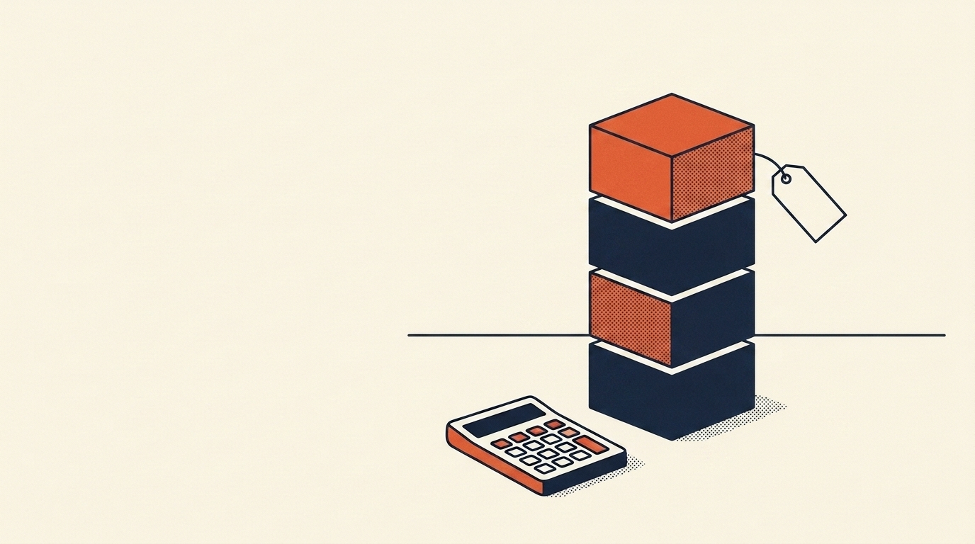 Editorial illustration of a price built up as stacked blocks with a price tag, beside a calculator