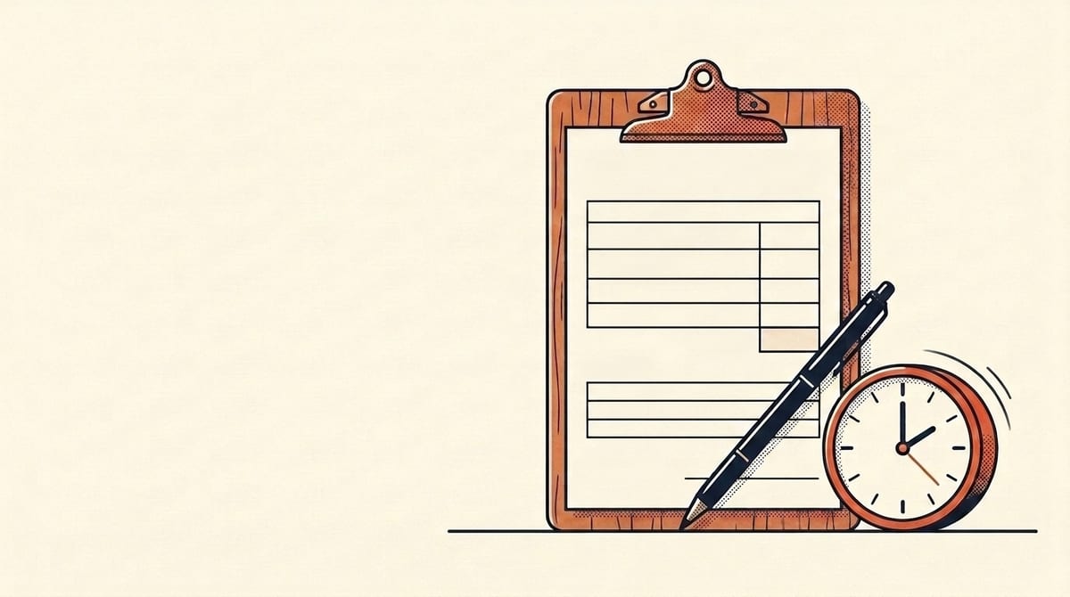 Editorial illustration of a job quote on a clipboard with a pen, beside a clock suggesting a fast turnaround