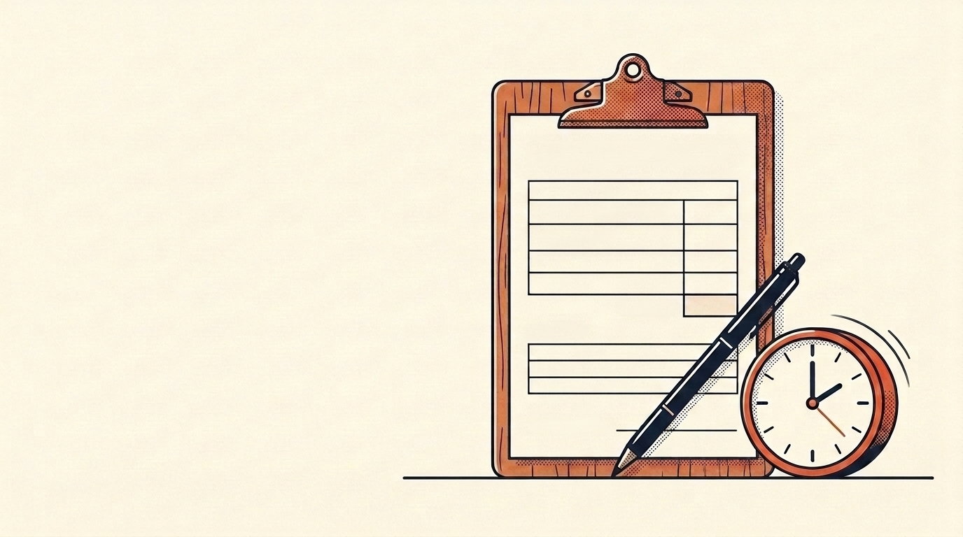 Editorial illustration of a job quote on a clipboard with a pen, beside a clock suggesting a fast turnaround
