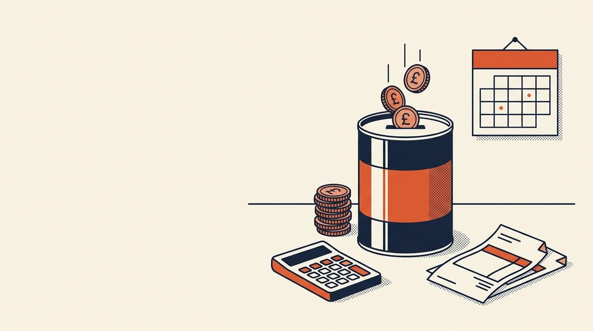 Editorial illustration of a savings tin taking pound coins, beside a calculator, invoices and a wall calendar