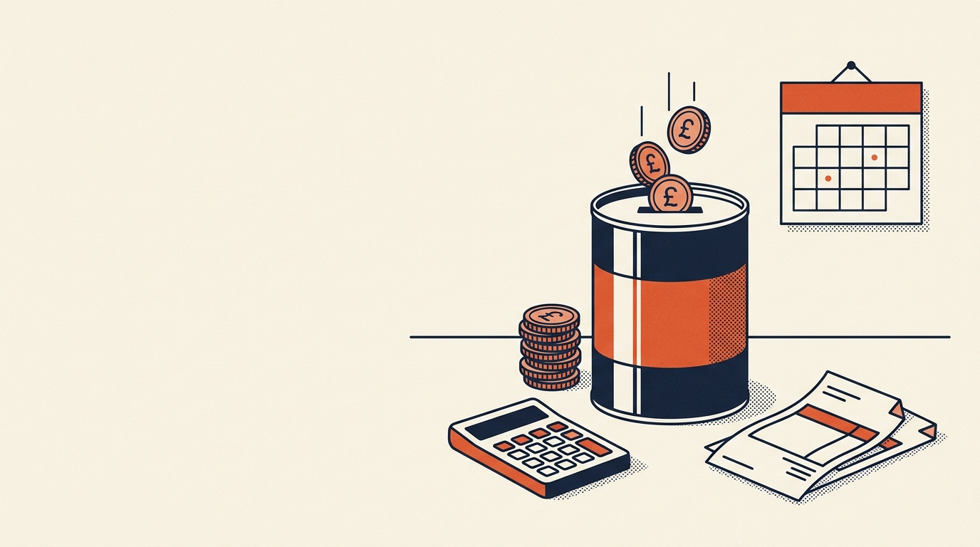 Editorial illustration of a savings tin taking pound coins, beside a calculator, invoices and a wall calendar
