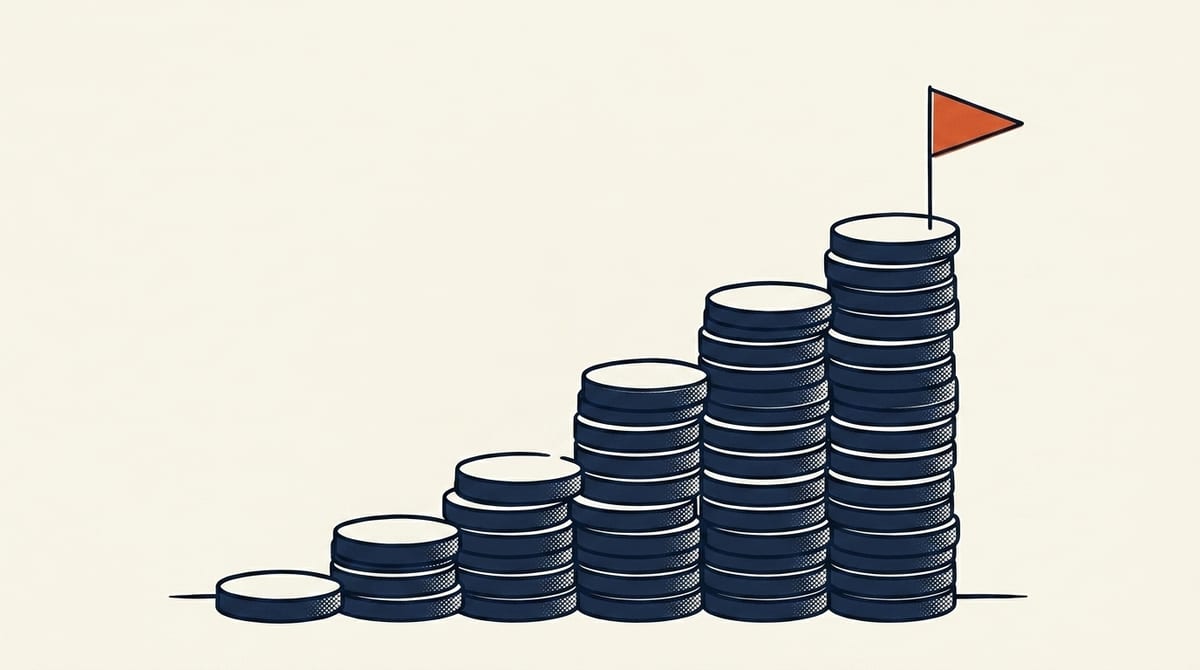 Editorial illustration of a staircase of coin stacks rising to a cliff edge marked by a small warning flag